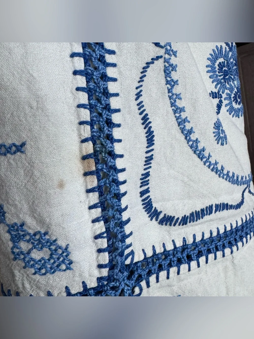Vintage Hand Embroidered Bluework Table Runner Dresser Scarf Crocheted Floral
